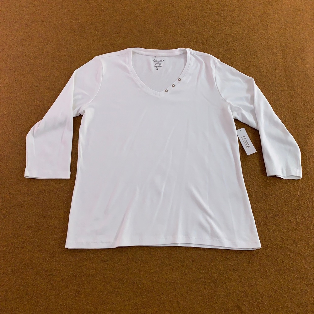 Chicos Womens 2 US Large White Alabaster V-Neck 3/4 Sleeve Basic Knit Tee NWT